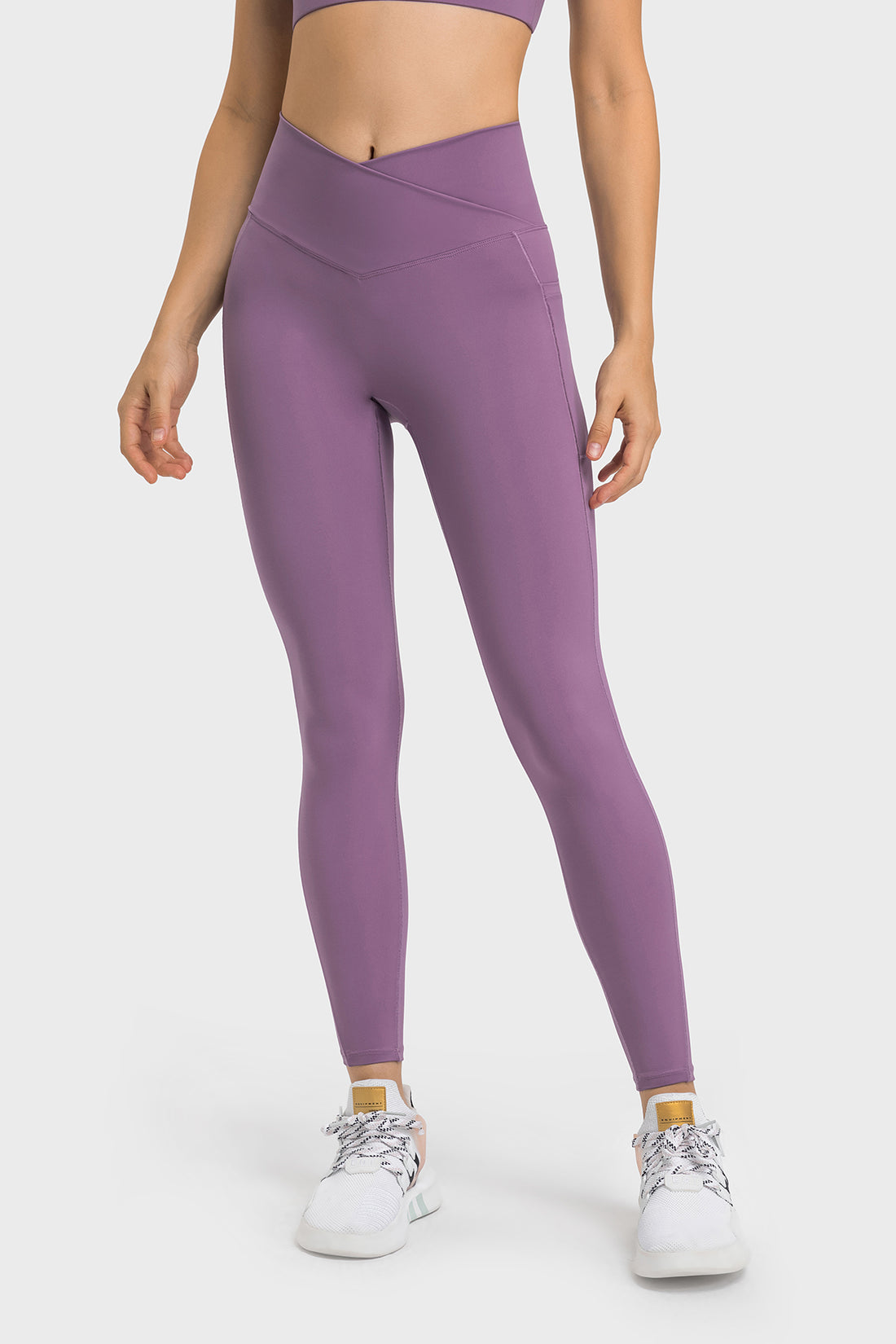 Cross Waistband Compression Leggings with Side Pockets