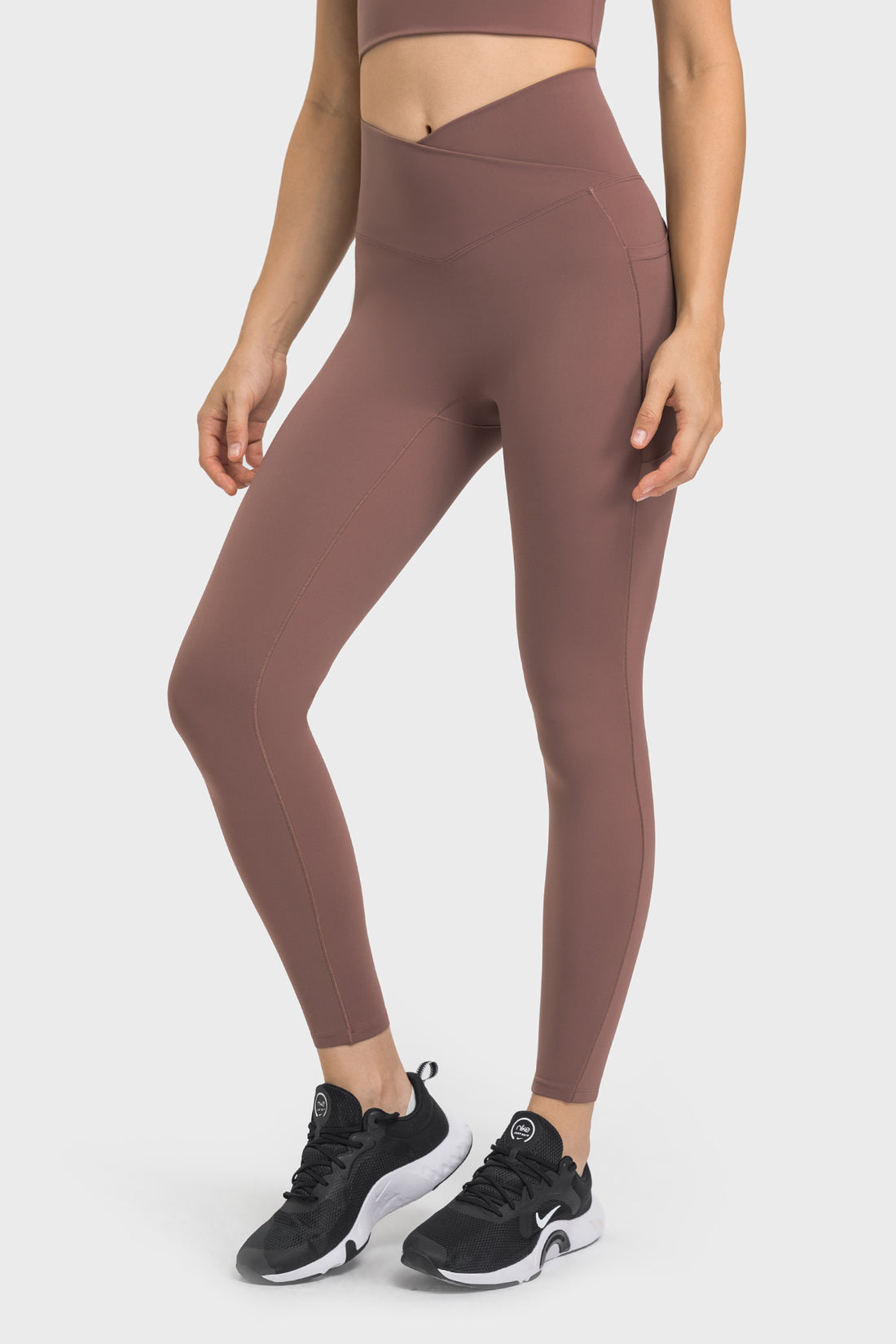 Cross Waistband Compression Leggings with Side Pockets